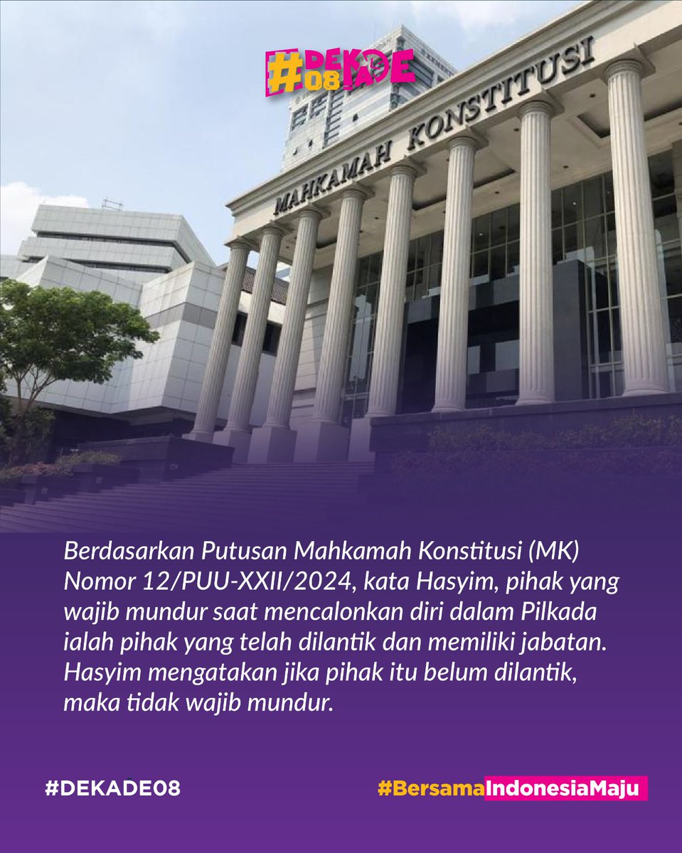 Ketua KPU RI Hasyim Asy'ari mengatakan calon legislatif terpilih di Pileg 2024 tidak wajib mundur jika akan maju dalam Pilkada. Hasyim mengatakan hal itu lantaran caleg terpilih belum dilantik secara resmi sebagai anggota legislatif. Hasyim mengatakan jika caleg terpilih