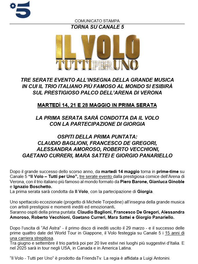 Torna in prime-time su #Canale5 “Il Volo – Tutti per Uno”, tre serate evento dalla prestigiosa cornice dell’Arena di Verona. La prima serata, martedì 14 maggio, sarà condotta da @ilvolo, con la partecipazione di @Giorgia.