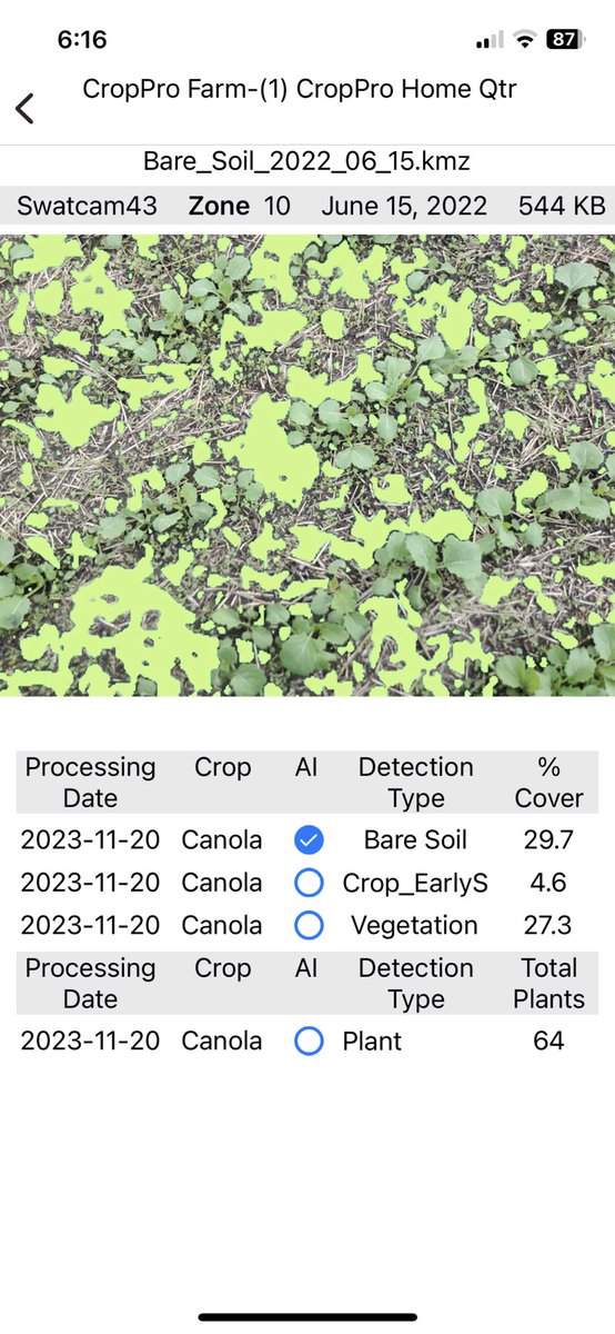 #swatcam analytics of bare soil
Swat map shows dark green on zones 1-2 (high % bare soil) and brown in zones 8-10 (low % bare soil). Click on images in zones you can see the mask finding way more bare soil in zone 1 versus 10. More trash cover and larger canola plants in wet area