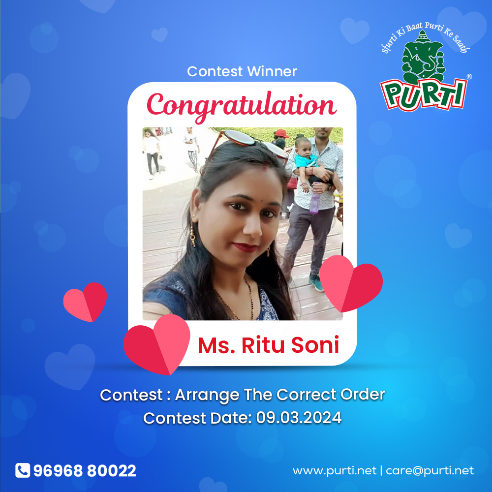 📣 We are happy to announce the #Winner of 𝐀𝐫𝐫𝐚𝐧𝐠𝐞 𝐓𝐡𝐞 𝐂𝐨𝐫𝐫𝐞𝐜𝐭 𝐎𝐫𝐝𝐞𝐫 #Contest. Congratulations 𝓜𝓼. 𝓡𝓲𝓽𝓾 𝓢𝓸𝓷𝓲 Contest link - instagram.com/p/C4SP_gOrVgt/ #Purti #EdibleOil #CookingOil #contestalert #contestwinner #ContestTime #Giveaway #PrizeDraw