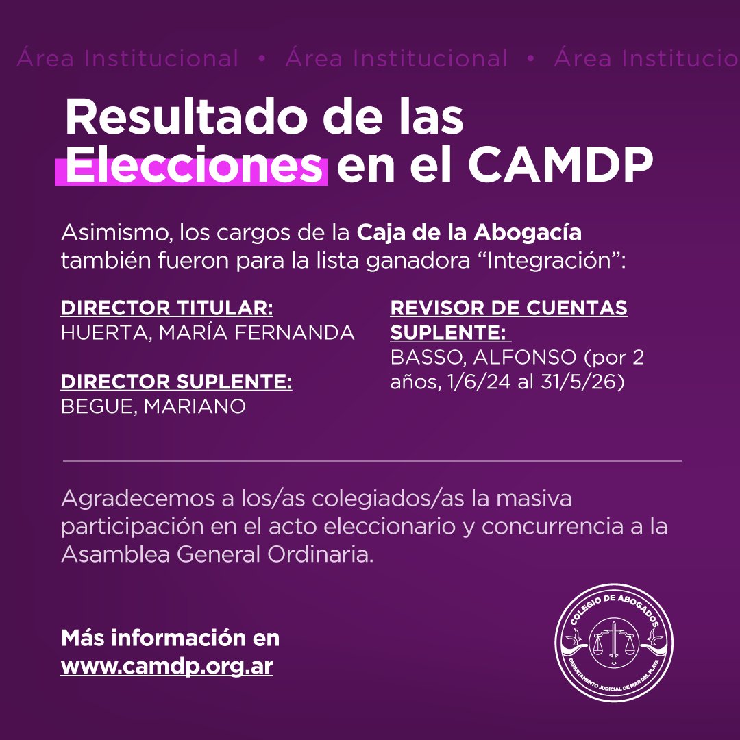 Resultados de las elecciones en el CAMDP

Agradecemos a los/as colegiados/as la masiva participación en el acto eleccionario y concurrencia a la Asamblea General Ordinaria.

📱 Más información en camdp.org.ar