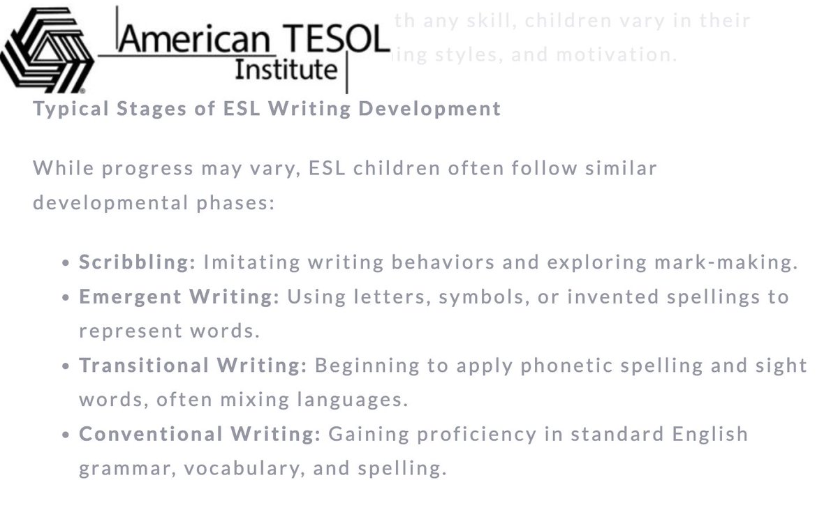Typical Stages of ESL Writing Development americantesol.com/blogger/unders… #TESOL #ESL #EFL #Writing