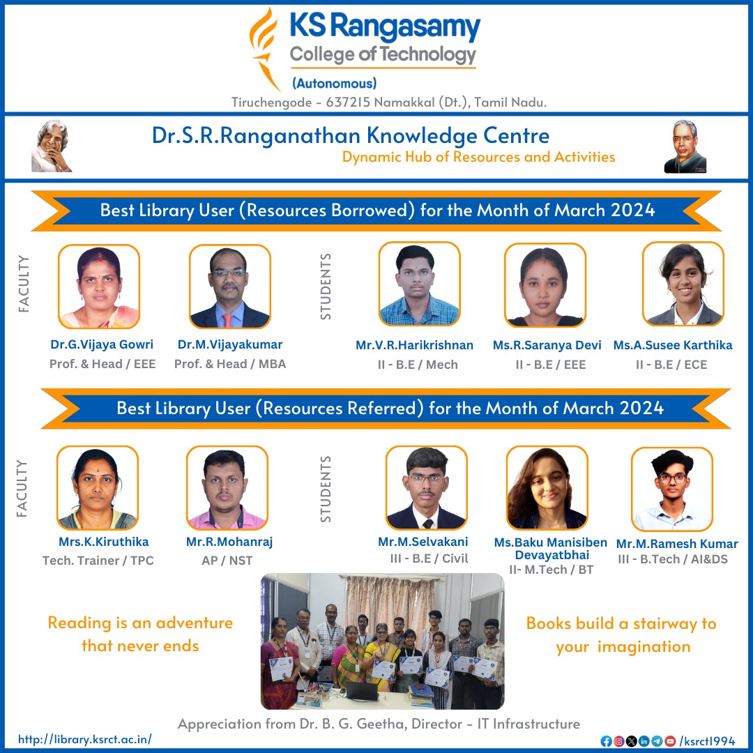 #ksrct1994 Dr.S.R Ranganathan Knowledge Centre Best Library User for the Month of March 2024