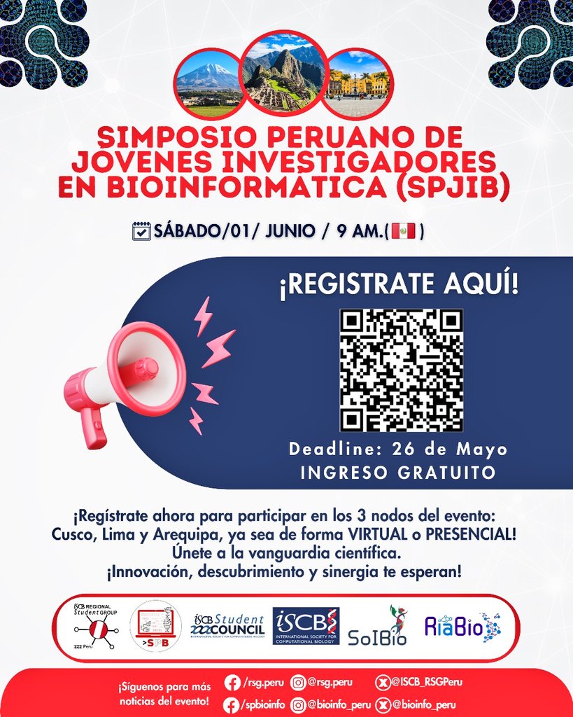 ISCBSC_RSGPeru's tweet photo. ⚠ ¡ATENCIÓN A TODOS LOS APASIONADOS POR LA BIOINFORMÁTICA! 💻💫
¡Ha llegado el momento que todos estaban esperando! 🎉
📢El registro al SIMPOSIO PERUANO DE JÓVENES INVESTIGADORES EN BIOINFORMÁTICA (SPJIB) está abierto.
@Bioinfo_Peru @iscbsc https://t.co/SicLf6eyCf