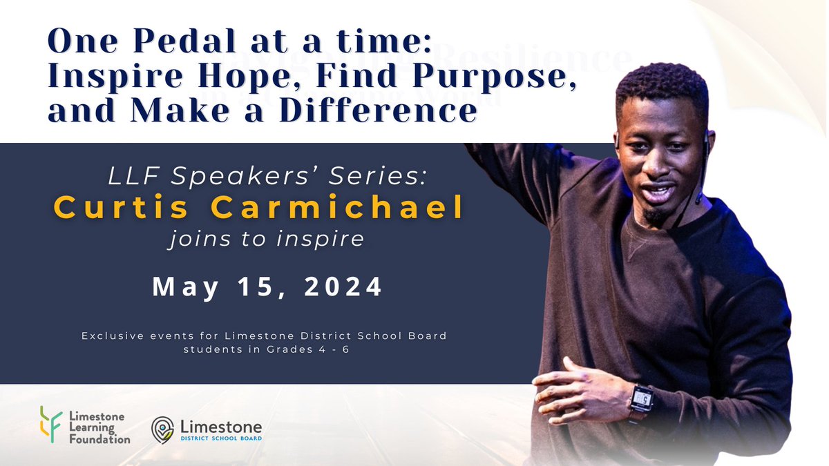 🌟 May 15: Don't miss Curtis Carmichael as he returns in the LLF Speaker Series! Discover how passion and innovation can drive social change. An exclusive event for @LimestoneDSB Grades 4-6. Learn more: bit.ly/3WmnaEL Get inspired! @CurtisCarmicc #SocialChange