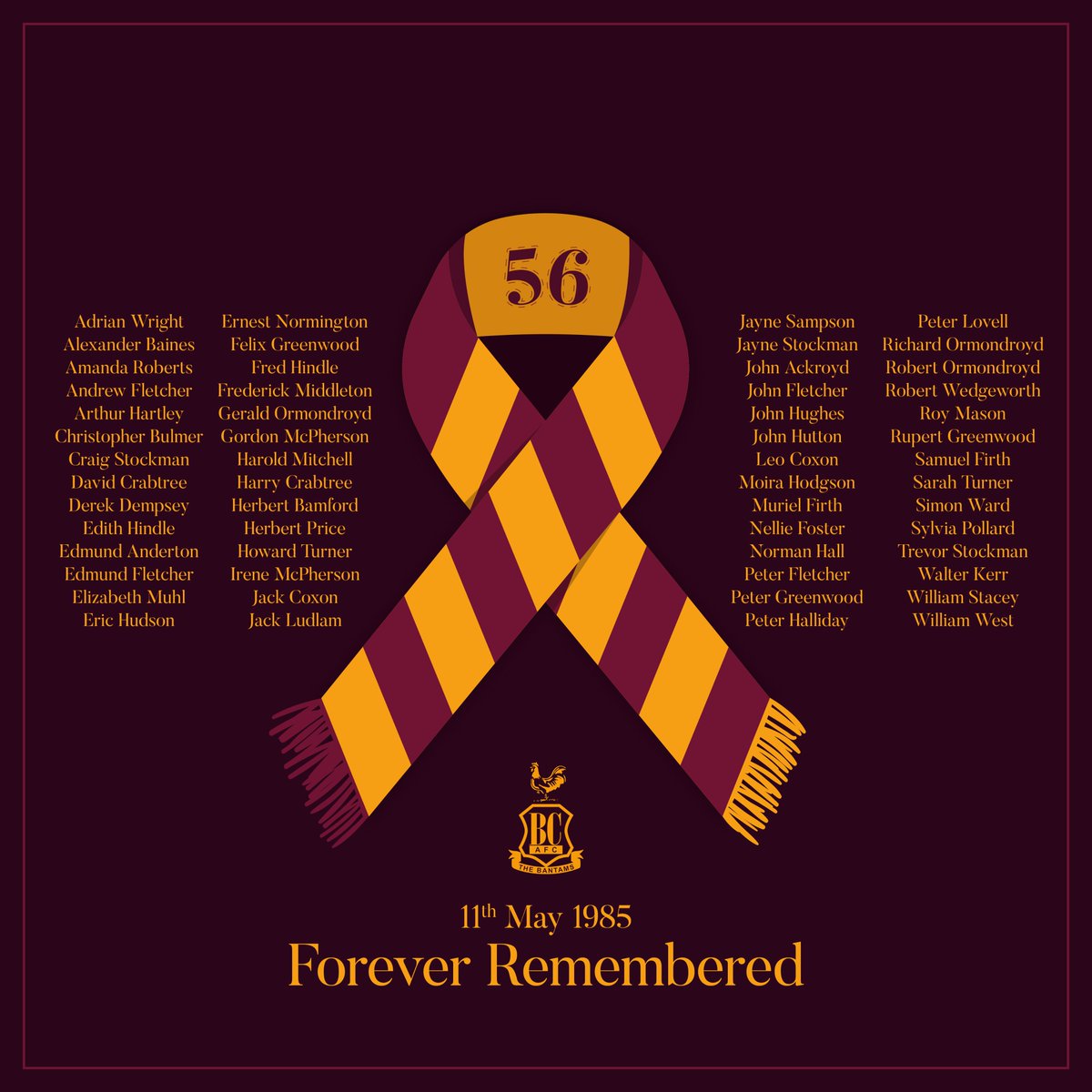 On this day 39 years ago, 56 people travelled to Valley Parade and never returned. Today, and every day, is for those we lost on 11th May 1985. 🎗️ #BCAFC