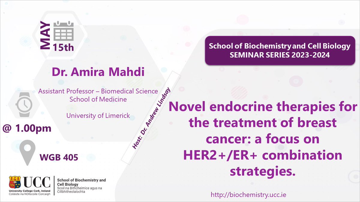 Biochemistry UCC (@bioucc) on Twitter photo Looking forward to meeting <a href="/Amira_etc/">Amira Mahdi</a> Dr Amira Mahdi University of Limerick &presenting her work on
Novel endocrine therapies for the treatment of breast cancer: a focus on HER2+/ER+ combination May 15th All welcome!! Details below: Looking forward to meeting <a href="/Amira_etc/">Amira Mahdi</a> Dr Amira Mahdi University of Limerick &presenting her work on
Novel endocrine therapies for the treatment of breast cancer: a focus on HER2+/ER+ combination May 15th All welcome!! Details below:
