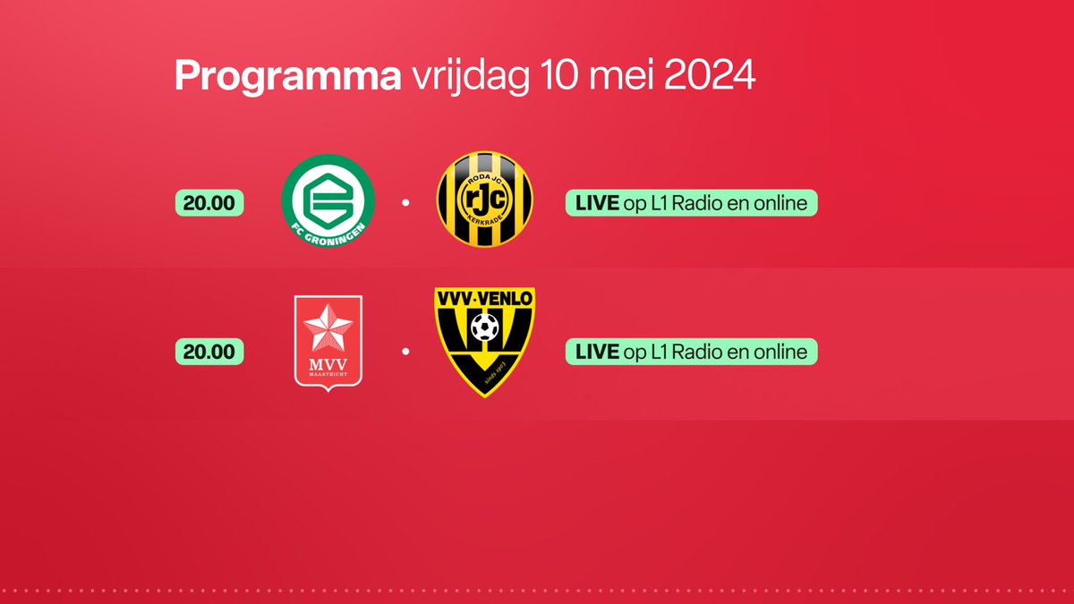 Mis niets van de ontknoping in de @1e_Divisie! Promoveert Roda JC naar de Eredivisie? En een derby tussen MVV en VVV in Maastricht. Halen de Maastrichtenaren de play-offs? #L1 Sport Radio is nu al begonnen met voorbeschouwingen op #GROROD en #MVVVVV!