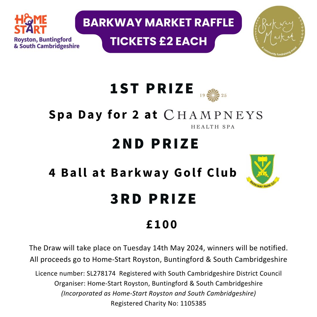Get yourself down to the #BarkwayVillageMarket today from 11am to 4pm and visit the @HomeStartRSC Bear and team. And if you can't make it you can still enter our amazing Raffle online: buy.stripe.com/cN23fU4YD6WH7a…