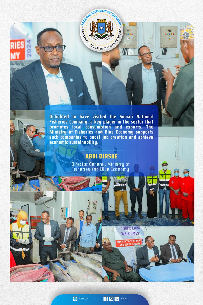 Delighted to have visited the #Somali National Fisheries Company, a key player in the sector that promotes local consumption and exports. The @MFBESomalia supports such companies to boost job creation and achieve economic sustainability. #SomaliFisheries #FAO
