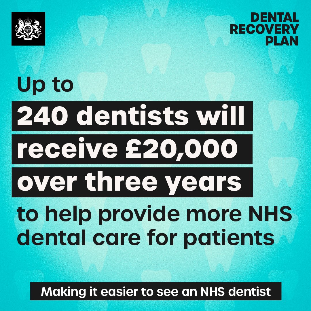 We're introducing a 'golden hello' bonus payment to encourage dentists to work in places where they're most needed. Up to 240 dentists will receive £20,000 if they commit to providing NHS dental care in the same area for three years. Read more: england.nhs.uk/2024/05/nhs-la…