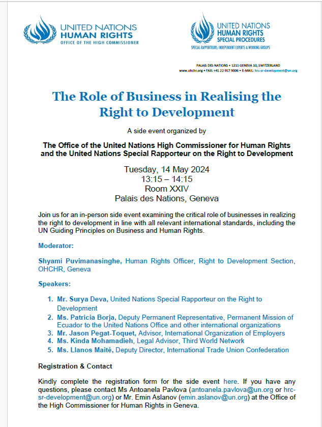 UN Special Rapporteur on the Right to Development (@unsrdevelopment) on Twitter photo #Right2Development will be in focus in Geneva next week!
Join us in Room XXIV for two side events that I am co-organising with <a href="/UNHumanRights/">UN Human Rights</a>:
13 May - Nexus between R2D and ESCRs:
indico.un.org/event/1011558/
14 May - Role of business in realising the R2D: indico.un.org/event/1011559/ #Right2Development will be in focus in Geneva next week!
Join us in Room XXIV for two side events that I am co-organising with <a href="/UNHumanRights/">UN Human Rights</a>:
13 May - Nexus between R2D and ESCRs:
indico.un.org/event/1011558/
14 May - Role of business in realising the R2D: indico.un.org/event/1011559/