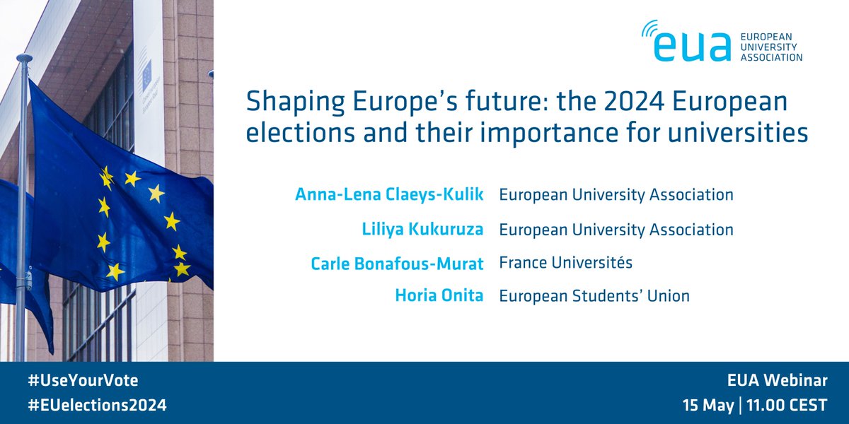 The #EUelections2024 will shape the direction of EU policies, also impacting universities, for the next 5 years. In this webinar we'll discuss the impact of the elections on research, education & innovation bit.ly/3Qf56Z6 📆 15 May #UseYourVote @FranceUniv @ESUtwt