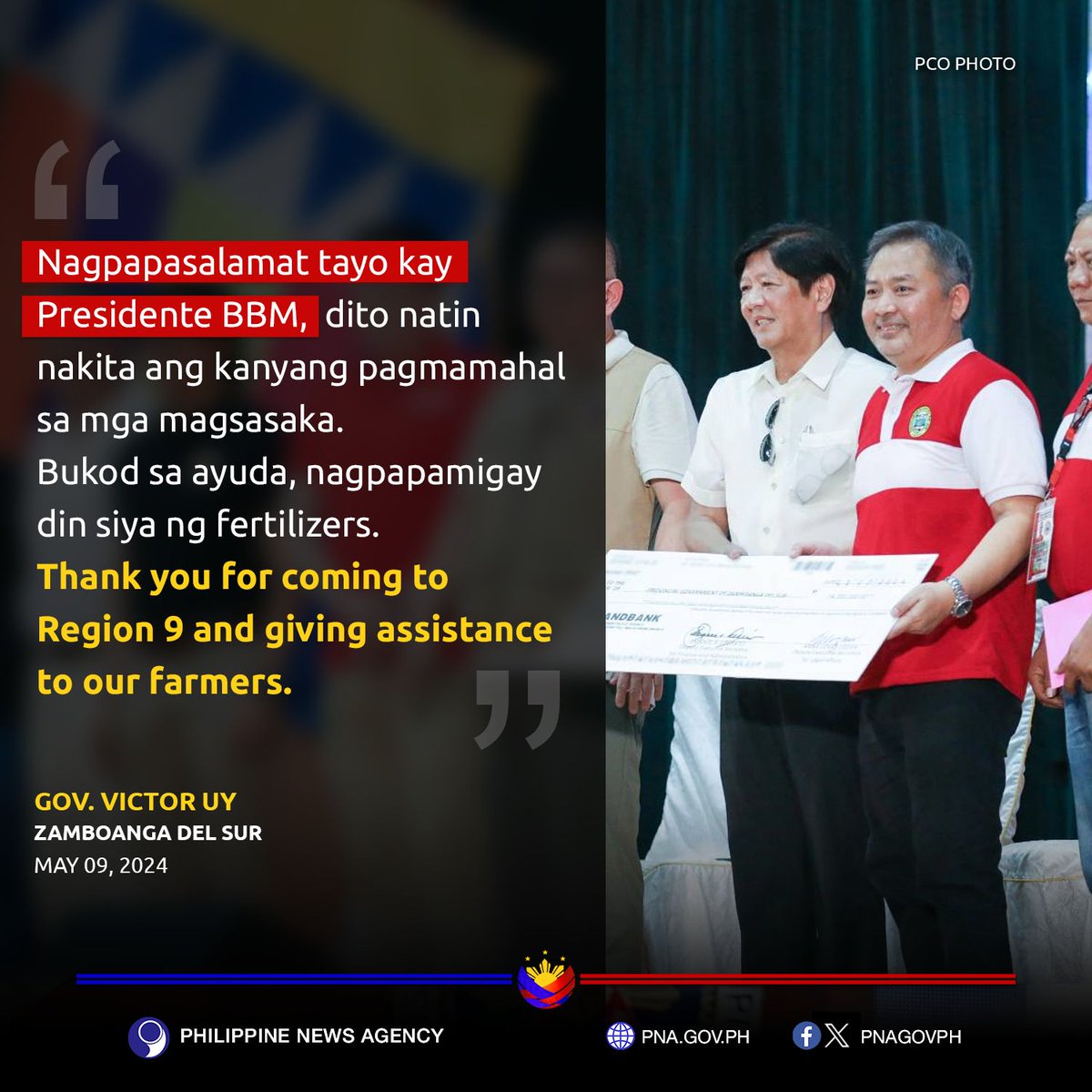Zamboanga del Sur Gov. Victor Uy thanks President Ferdinand R. Marcos Jr. for providing agricultural assistance to farmers affected by El Niño during his visit to the province on Thursday (May 9, 2024).