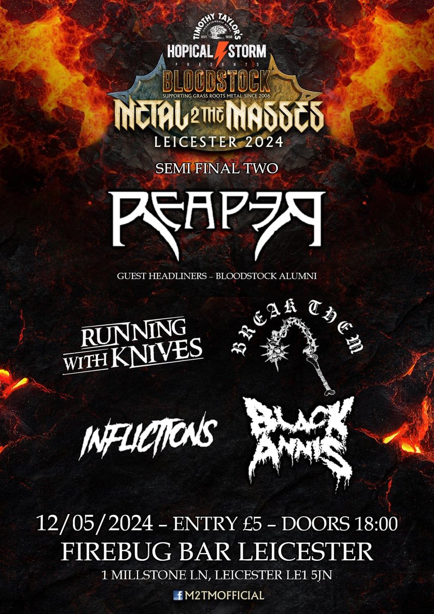 It’s the Metal 2 The Masses second semi-final on Sunday night @FirebugBar with four bands competing for a slot at the legendary @BLOODSTOCKFEST. Watch them all for £5 OTD #runningwithknives #blackannis #inflictions and #breakthem #DMUtop10