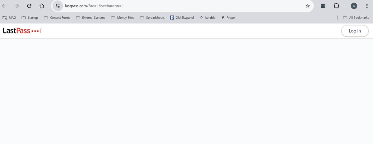 KampKaz's tweet photo. @LastPassHelp Do you have a reported outage? I am getting a blank screen at login but nothing is showing on your status checker: https://t.co/tvSErXMETx