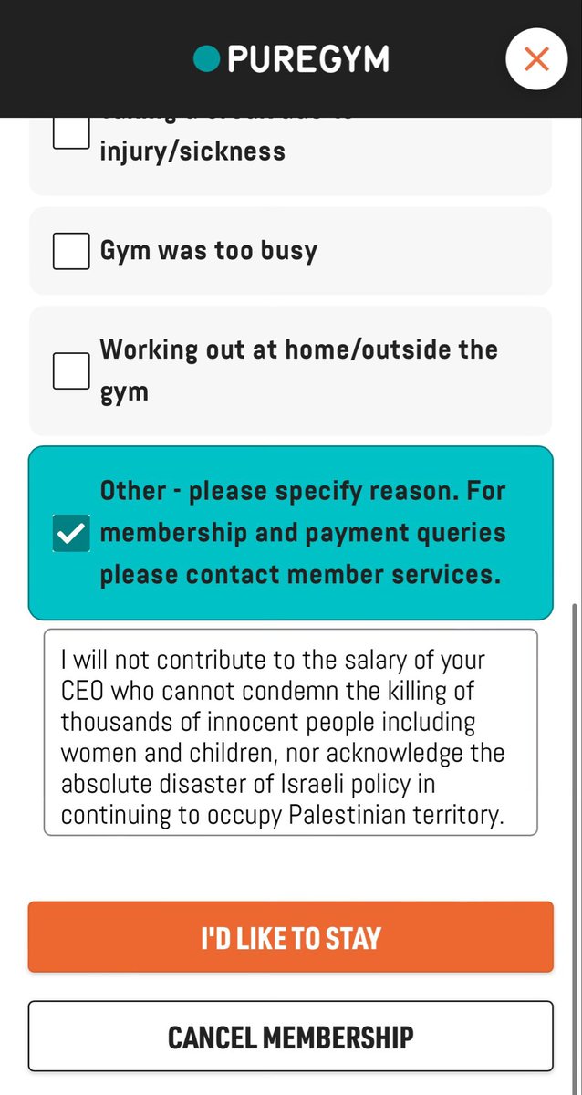 ashmamoojee's tweet image. #cancelpuregym

@PureGym I will not contribute to the salary of a CEO who cannot condemn the killing of thousands of innocent people including women and children, nor acknowledge the absolute disaster of Israeli policy in continuing to occupy Palestinian territory

#freepalestine