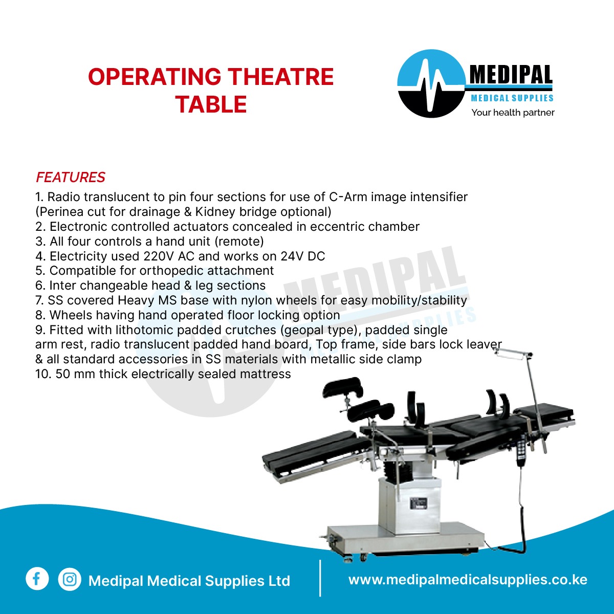 gichuhi048's tweet image. &quot;Upgrade your OR with our operating tables! Designed for precision, comfort, and efficiency, they&apos;re the perfect fit for any hospital looking to elevate patient care. #Healthcare #OperatingTables #Innovation&quot;pls RT @_Nana_Kc 
@AllanNyash 
@biz_kot 
@DjTreHustle 
@dr_chep