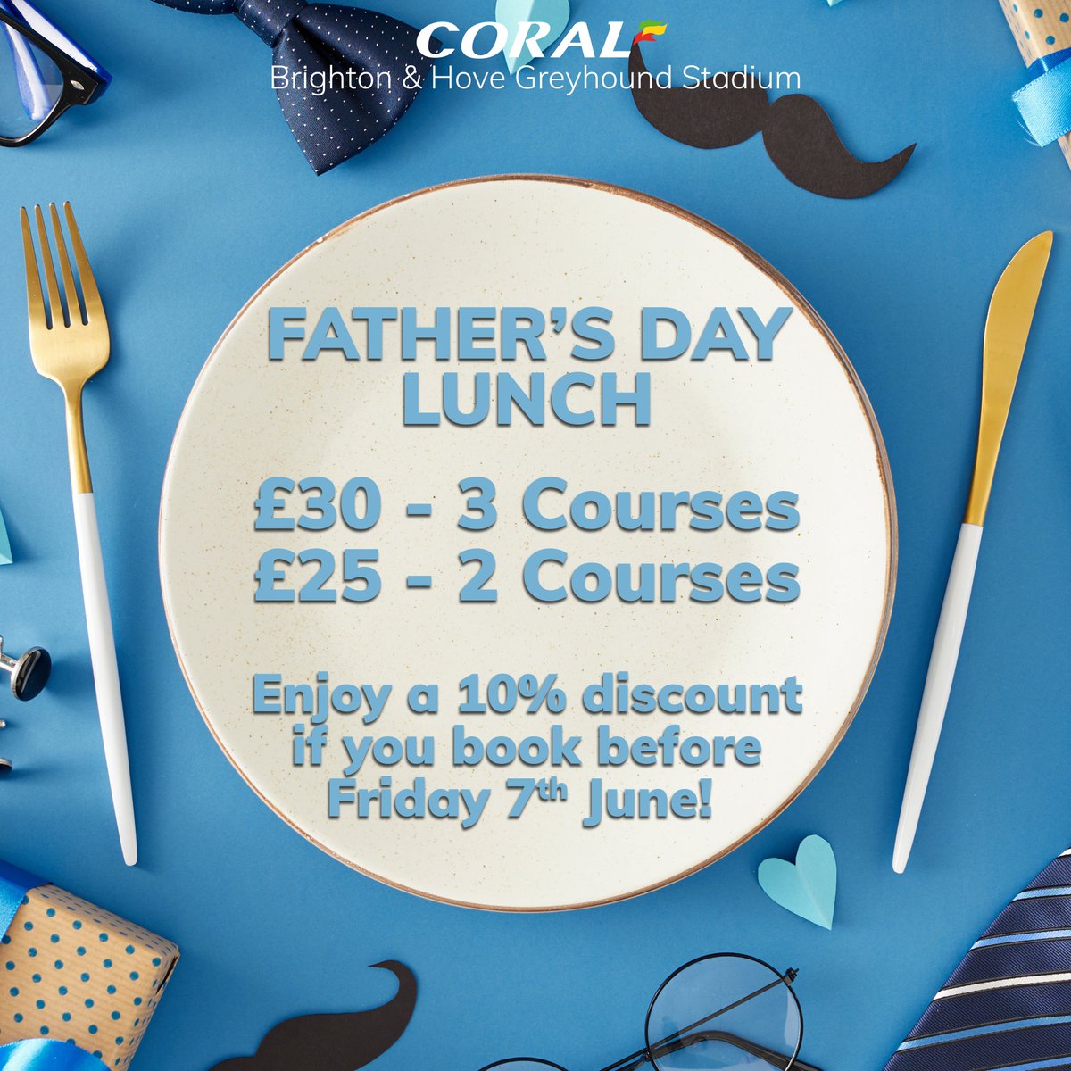 Bookings are now available for our Father's Day Lunch! Enjoy a 10% discount if you book before Friday 7th June! Book now! 📞01273 013334 📩hove.stadium@coral.co.uk 💻brightonandhovegreyhounds.co.uk/race-events/su…