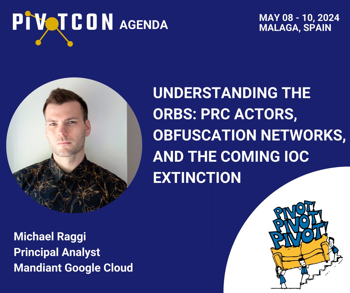 🎙️Next goes @aRtAGGI with the research on Operational Relay Box (ORB) networks. Michael presents  a 4 quadrant (Certs, YARA, Netflow, Ports&Services) signature and detection approach to pivot through these complex networks

#PIVOTcon24 #CTI #ThreatIntel
