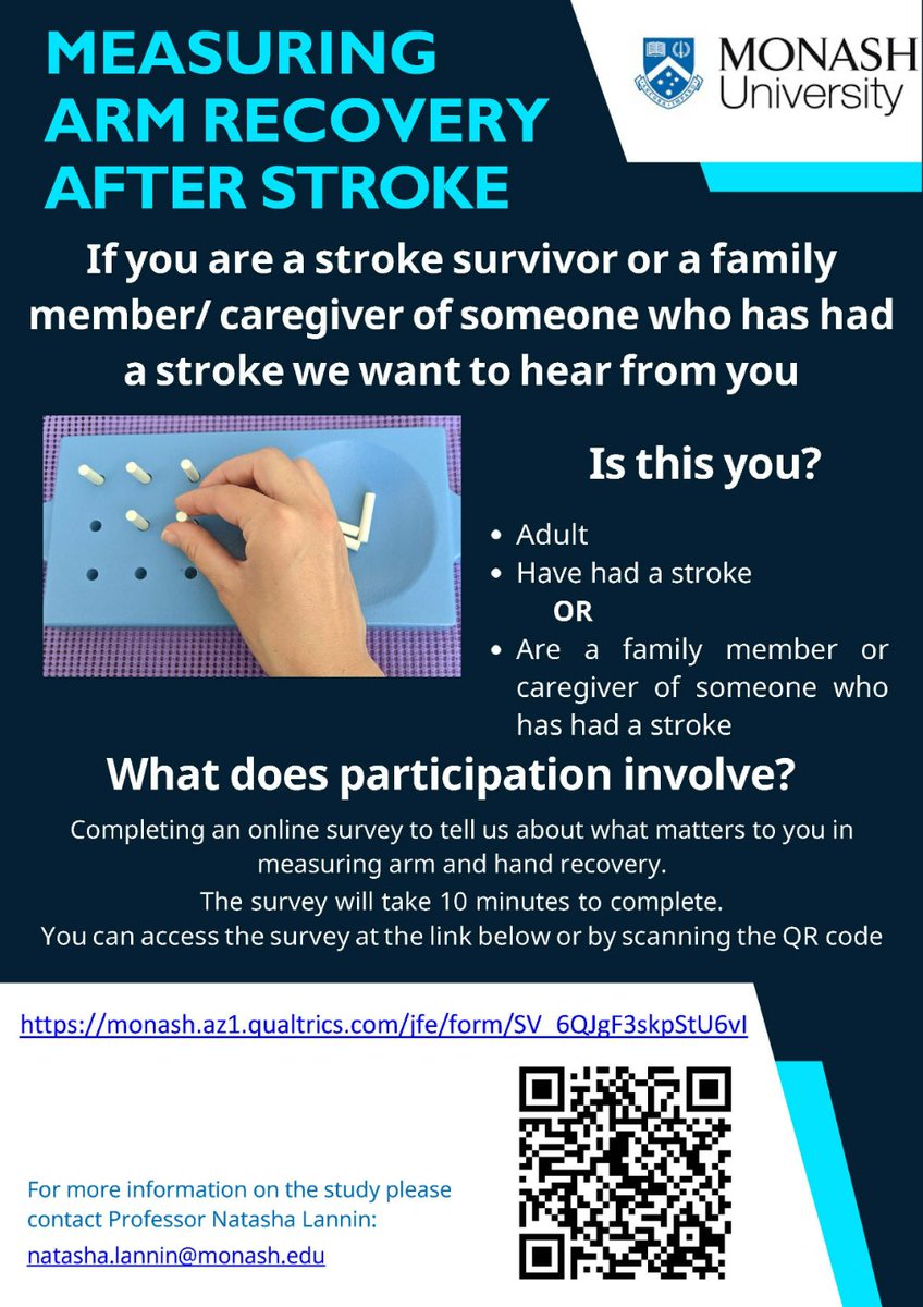 Dr Lauren Christie (@laurenjchristie) on Twitter photo We would love to hear from more #strokesurvivors about what matters to you when measuring #arm recovery after stroke. Please complete the brief survey 👇 open globally 🌏
monash.az1.qualtrics.com/jfe/form/SV_6Q…
<a href="/stroke_ed/">StrokeEd</a> <a href="/kscriv2013/">Kate Scrivener</a> <a href="/AvrilDrummond1/">Avril Drummond💙</a> <a href="/saeboukglyn/">Glyn Blakey</a> We would love to hear from more #strokesurvivors about what matters to you when measuring #arm recovery after stroke. Please complete the brief survey 👇 open globally 🌏
monash.az1.qualtrics.com/jfe/form/SV_6Q…
<a href="/stroke_ed/">StrokeEd</a> <a href="/kscriv2013/">Kate Scrivener</a> <a href="/AvrilDrummond1/">Avril Drummond💙</a> <a href="/saeboukglyn/">Glyn Blakey</a>