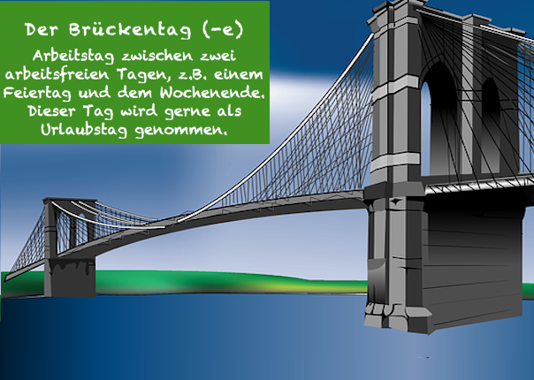 1PortionDeutsch's tweet photo. #WortdesTages  Heute in 🇩🇪:

Der Brückentag / der Fenstertag

→ working day between a public holiday and the weekend, often taken as a holiday

„In meinem Institut ist für die Dozenten heute ein Brückentag.
Ich brauche nicht zu unterrichten und habe frei." https://t.co/e5uTTUVZuj