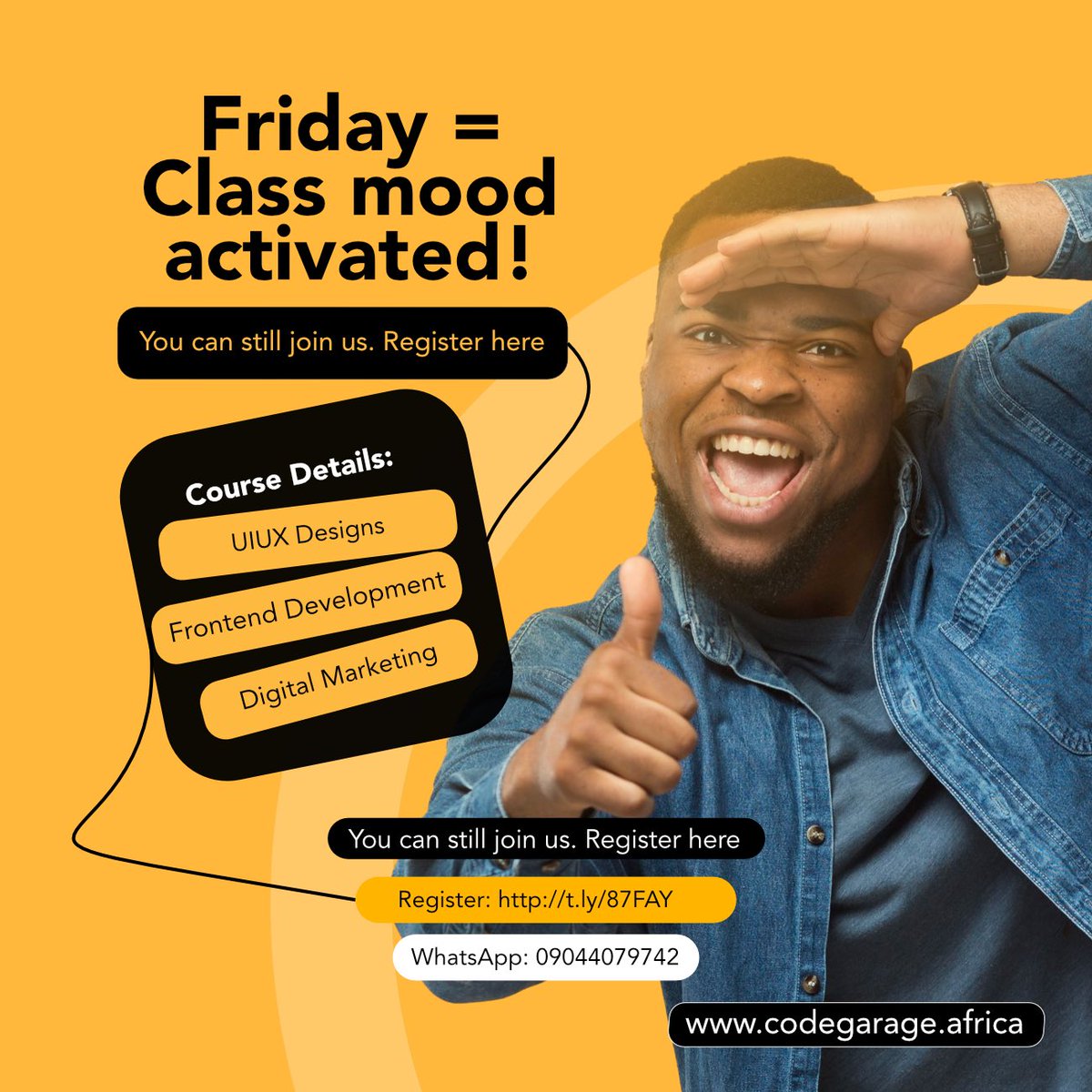 We couldn't agree more - Class Mood Activated!  

Equip yourself with tech courses from #CodeGarageAfrica. You can still register to join our weekend classes: t.ly/87FAY 

  #CodeGarageAfrica #Class #1000LinesOfCode #Weekend #Training