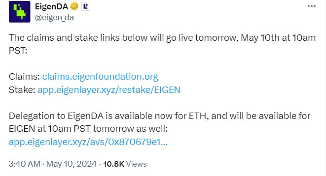 NickyPham_HC's tweet photo. 🔥 Chiều nay 5h vào claim airdrop "siêu dự án" @eigencloud  $EIGEN ae ơi !

Link claim Airdrop➡️ https://t.co/f6cUkur3jv

Tương tác với EigenLayer trước ngày 29/04/2024 sẽ được nhận thêm 100 $EIGEN. Còn ai tham gia stake từ 15/03 - 29/04/2024 sẽ được nhận 100 $EIGEN ở Season 2

Lượng $EIGEN sẽ được claim ở dạng "non-transferable" (không thể chuyển giao), chưa được bán đến khi tháng 9/2024, dự án làm như vậy để muốn khuyến khích cộng đồng tham gia vào quá trình đóng góp và quản trị mạng lưới =))

Ae muốn stake thì truy cập tại đây để stake nhé https://t.co/REM5dDUUxw

Hẹn ae 5h chiều nay 💵, sắp tới mình nghĩ sẽ vẫn tiếp tục có các dự án Airdrop dựa trên tiêu chí stake $EIGEN Eigenlayer hoặc đang stake $ETH trên Eigenlayer.