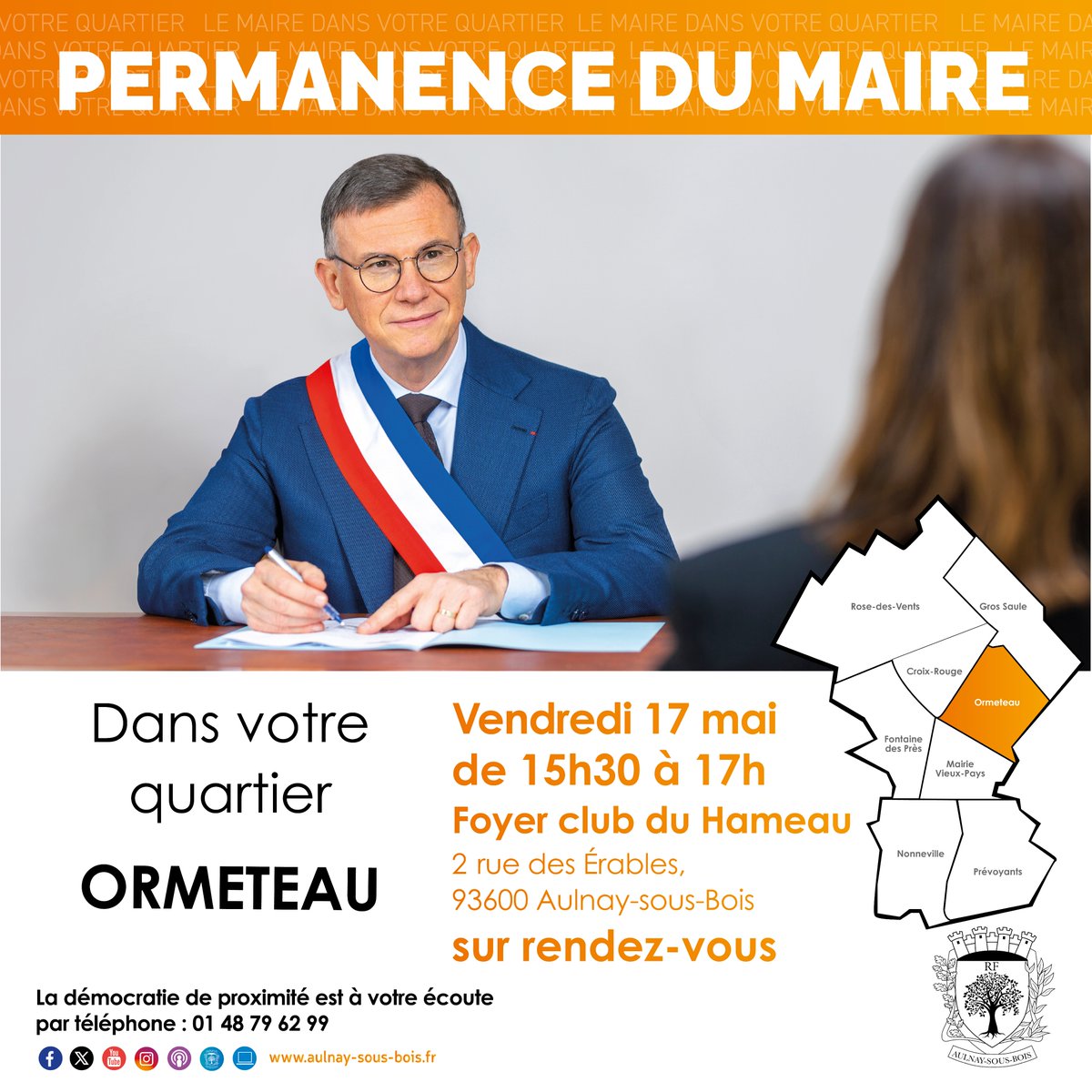 [PERMANENCE] 📅 Le Maire @brunobeschizza vous reçoit sur RDV dans le quartier Ormeteau !  

📍Prochaine permanence vendredi 17 mai 2024 de 15h30 à 17h00 au Foyer club du Hameau.   

📞 RDV au 01 48 79 62 99