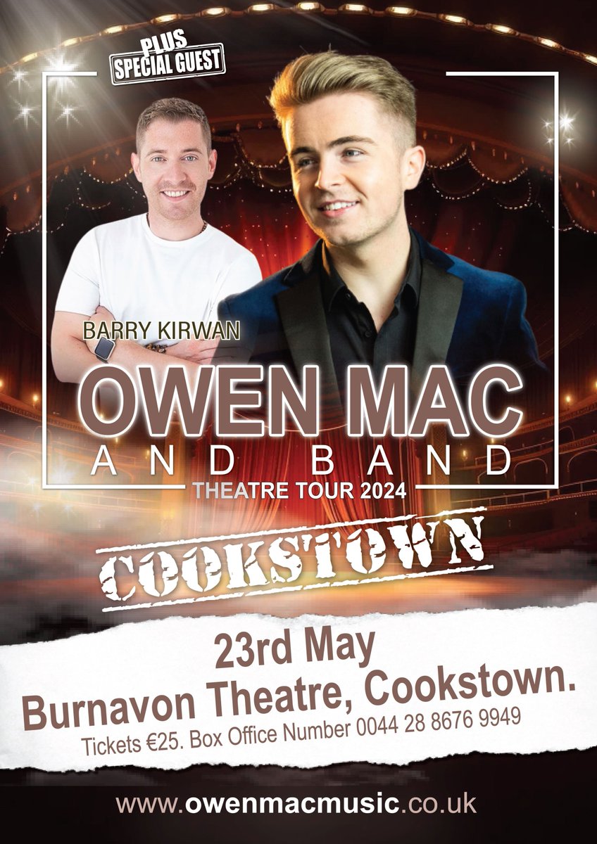 Owen Mac will be live in Concert at the Burnavon Theatre on Thursday 23 May 2024! With special guest @bazkirwan. Tickets ⬇️ burnavon.com/whats-on/owen-…