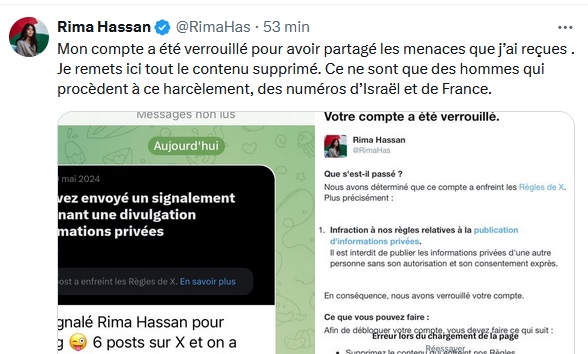 Le compte X de Rima Hassan a été verrouillé. Elle se dit juriste mais n'a rien compris à nos lois. Il suffisait d'aller porter plainte ! #RimaHassan #Hamas #LFI