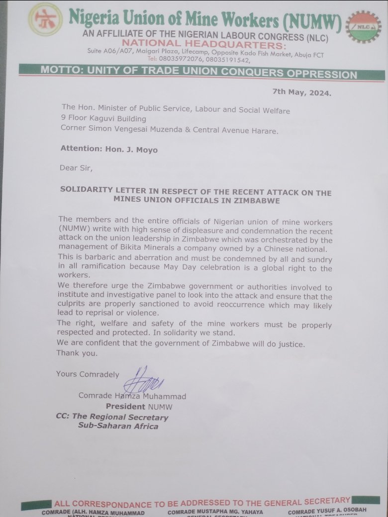 Thank u so much Nigeria Union of Mine Workers (NUMW) for the solidarity message.
Workers Rights are human rights too .