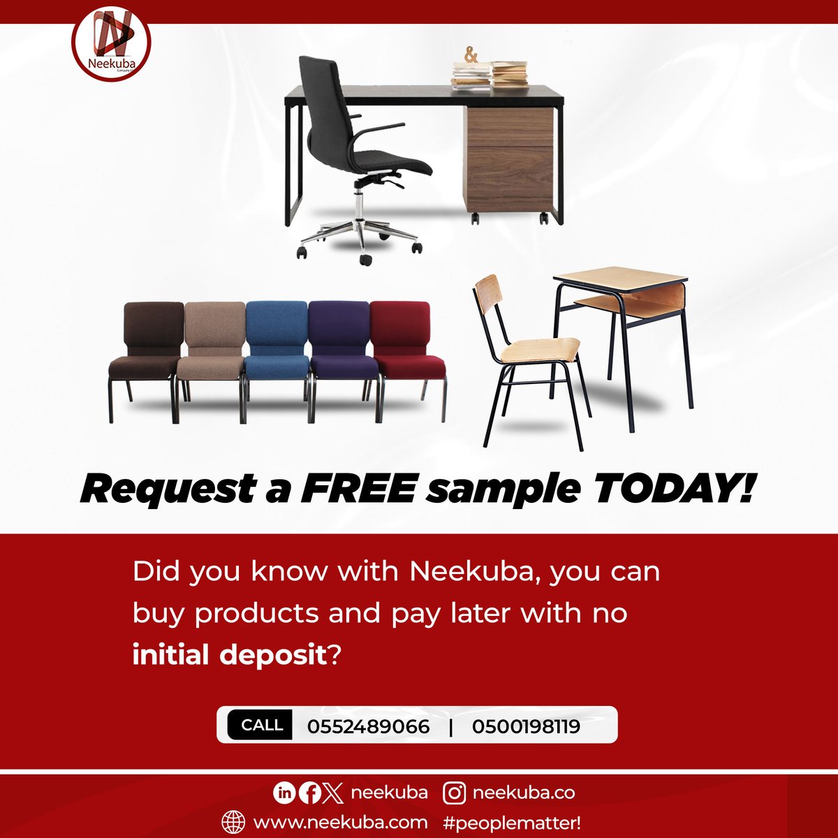 Did you know with Neekuba you can buy products and pay later with no initial deposit?

Request a free sample today!

CALL: 0552489066 / 0500198119

#neekuba #peoplematter #zerodeposit #freesample