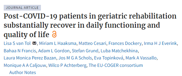 Older patients admitted to rehabilitation following COVID-19 substantially recovered, even those with frailty at admission. Patients with frailty should not be excluded from rehabilitation after acute illness. Read more at: academic.oup.com/ageing/article… @Age_and_Ageing