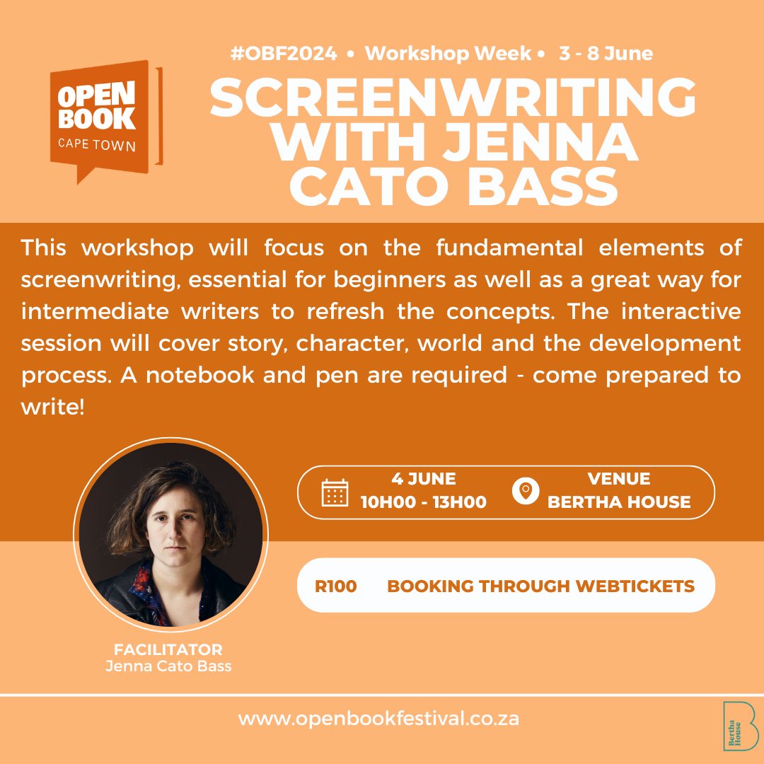 OpenBookFest's tweet photo. Aspiring screenwriters, take your stories from page to screen with our upcoming workshop led by accomplished filmmaker Jenna Cato Bass!
Book via webtickets, linked on our website (link in bio) before spots fill up.
#WorkshopWeek #OpenBookFestival #OBF #skillsharing #screenwriting https://t.co/wMczHgDY5y
