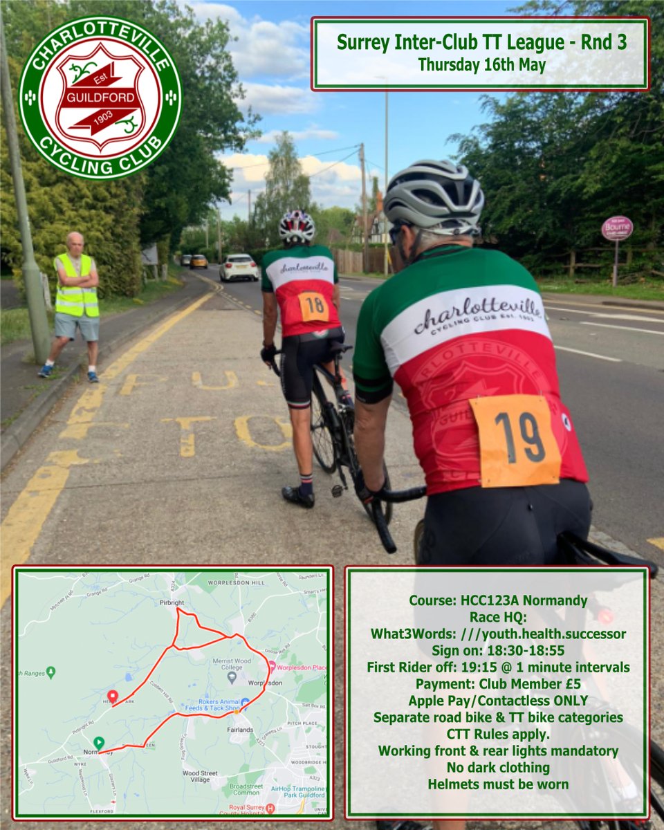 Surrey Inter-Club TT League rnd 3 Race HQ: What3Words: ///youth.health.successor Sign on: 18:30-18:55 First Rider off: 19:15 @ 1 min intervals Registration: webscorer.com/register?racei… Cost: £5 per rider Course: HCC123A Normandy @WokingCC @cyclingrascals @VCGHEvents @Cycling_T_T