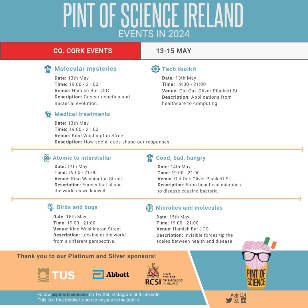Hey Cork! 🌟 Ready to sip, learn, and geek out? #Pint24 is back, bringing you the coolest science talks, experiments, and laughs over a pint in our awesome city. Come join the fun! 🍻🔬 #CorkScience #PintOfScience
