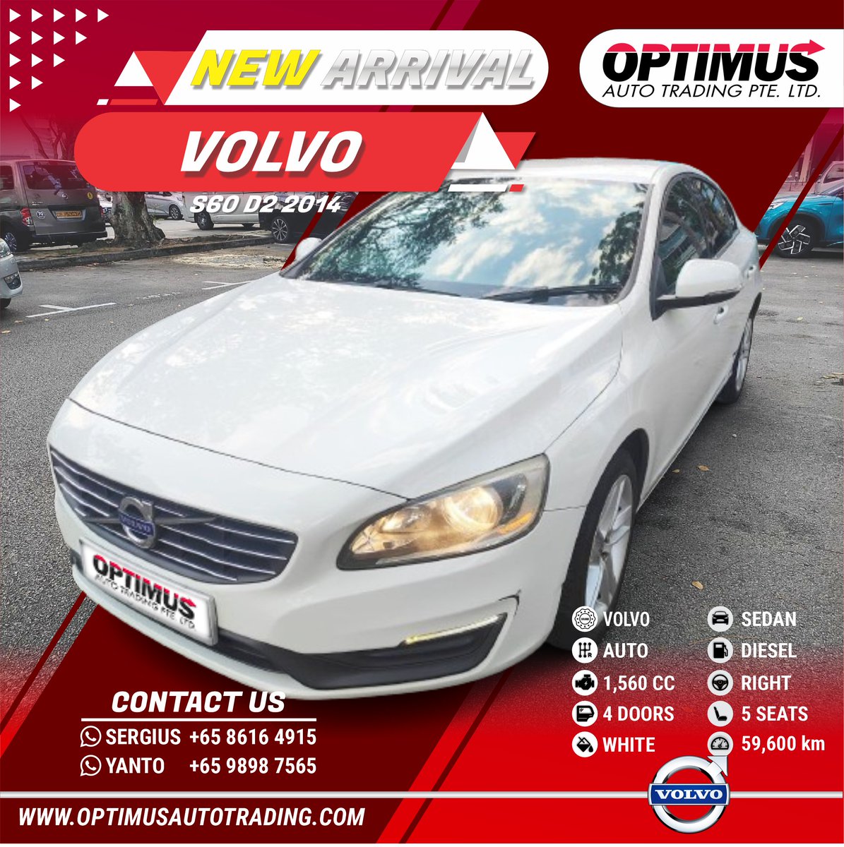 OptimusATSG's tweet image. Discover  the perfect blend of sophistication and efficiency with the 𝐕𝐨𝐥𝐯𝐨  𝐒𝟔𝟎 𝐃𝟐 𝟐𝟎𝟏𝟒. Elevate every drive with its sleek design and  eco-friendly pe
𝑪𝒐𝒏𝒕𝒂𝒄𝒕 𝒖𝒔 𝒏𝒐𝒘 :
+65 8616 4915 Sergius
#cheapcar #exportcars #optimusautotrading  #VolvoS60