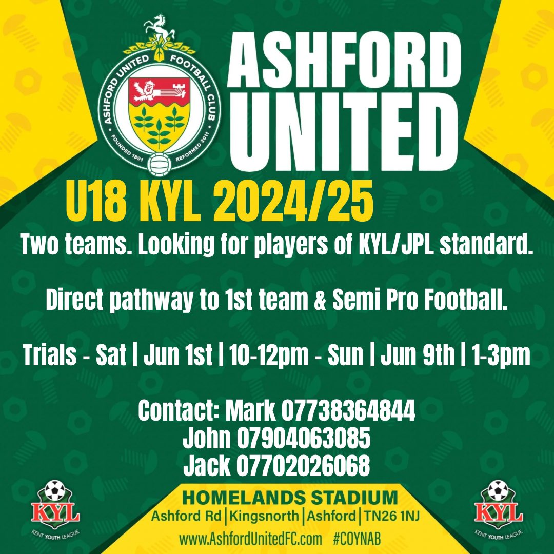 U18 @KentYouthLeague Trials We have 2 teams entering the KYL for the 2024/25 Season. 1 of which will be playing in the Prem Division. Players must be of high standard. We offer a direct pathway to 1st Team & Semi Pro Football. See advert for details #AUFC #coynab