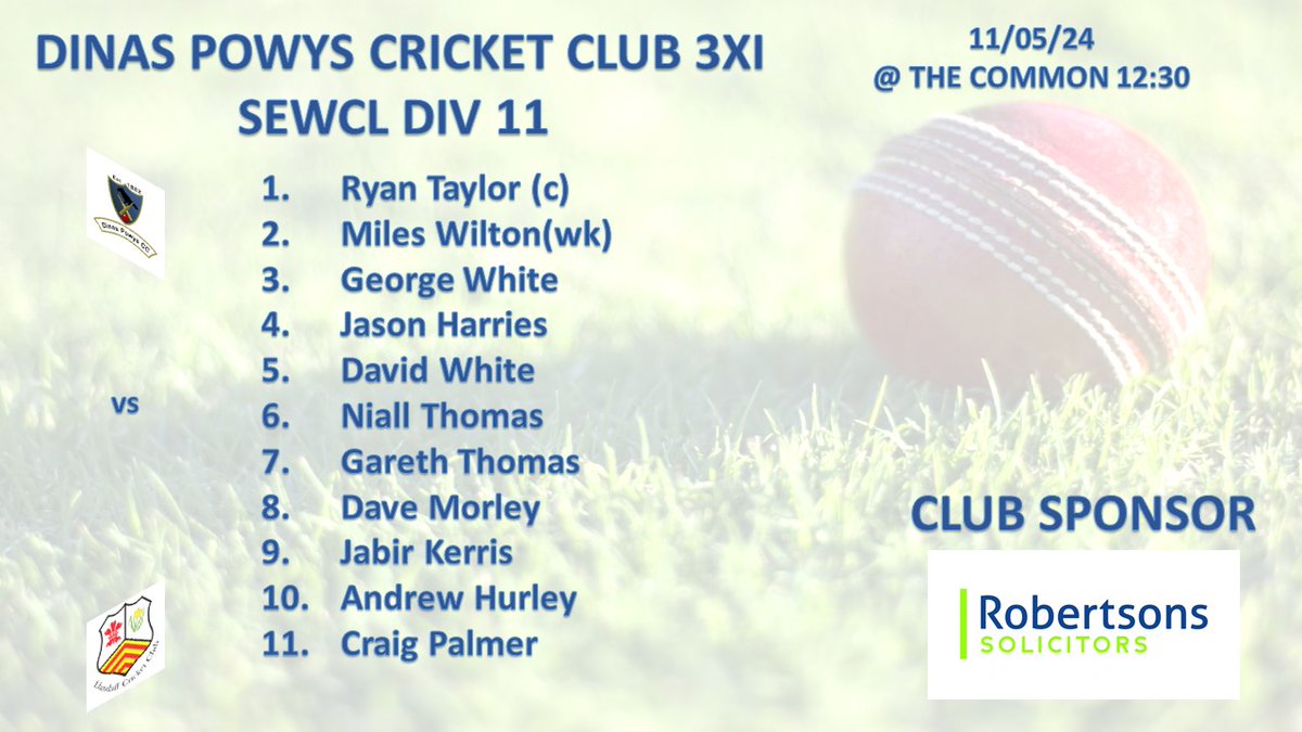 Dinas Powys CC (@dinaspowyscc) on Twitter photo Tomorrow the 1sts are at BYD against <a href="/PonthirCricket/">Ponthir Cricket Club</a> 1sts, the 2nds travel to Tonyrefail to face <a href="/MiskinManorCC/">Miskin Manor Cricket Club</a> 3rds, and the 3rds host <a href="/LlandaffCC/">Llandaff Cricket Club ๐</a> 4ths on the Common.
Thanks to our ball sponsors @Statto1927 and Jason Harries.
Also thanks to our club sponsor @RobertsonsLegal Tomorrow the 1sts are at BYD against <a href="/PonthirCricket/">Ponthir Cricket Club</a> 1sts, the 2nds travel to Tonyrefail to face <a href="/MiskinManorCC/">Miskin Manor Cricket Club</a> 3rds, and the 3rds host <a href="/LlandaffCC/">Llandaff Cricket Club ๐</a> 4ths on the Common.
Thanks to our ball sponsors @Statto1927 and Jason Harries.
Also thanks to our club sponsor @RobertsonsLegal