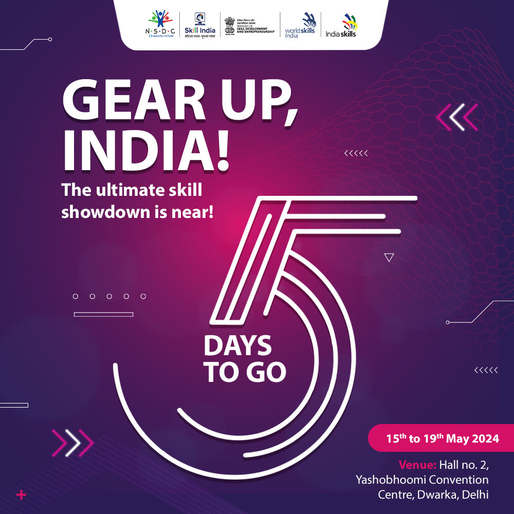 Mark your calendars! 5 days to go for the ultimate skill showdown! Join us for the IndiaSkills Nationals. From the 15th to the 19th of May 2024, at Hall no. 2, Yashobhoomi, Dwarka, Delhi Be a part of the skill revolution! #SkillSeJeetengeDuniya #ProudIndia #SkillIndia #NSDC