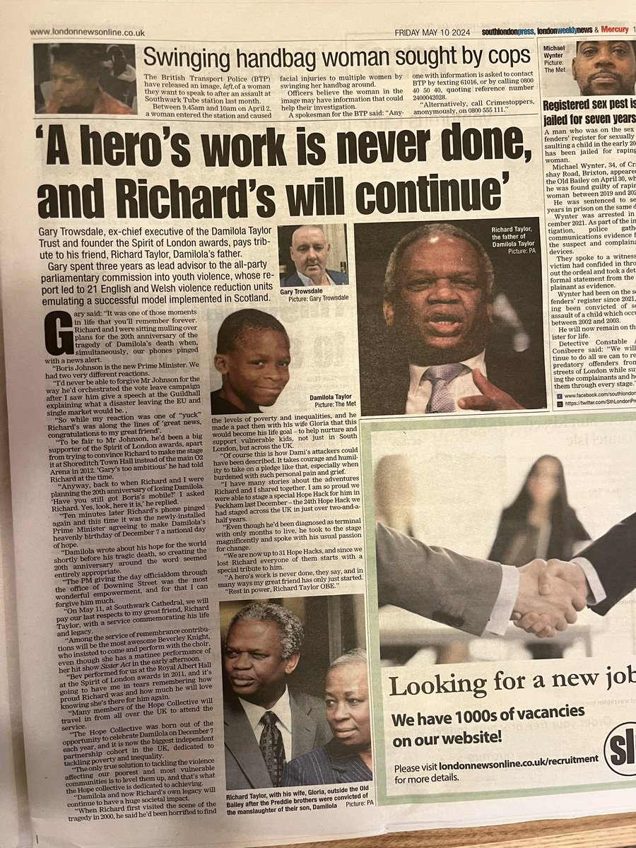 Todays @SthLondonPress A Heroes work is never done! Thanks again @Beverleyknight @JermainJackman @LCGCtweets Tomorrow is going to be amazing, wonderful, emotional and inspirational! Just as our Richard deserves @HopeCollective2 #LegacyOfHope