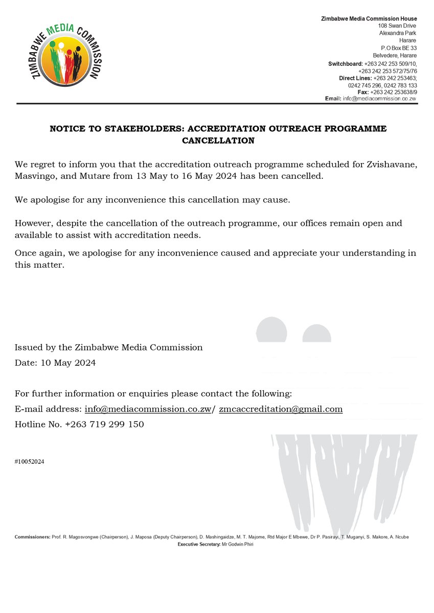 📢 NOTICE: Our accreditation outreach programme in Zvishavane, Masvingo & Mutare from 13 - 16 May 2024 has been cancelled. We apologise for any inconvenience caused. Our office remains open & ready to assist you with your accreditation needs. Thank you for your understanding.