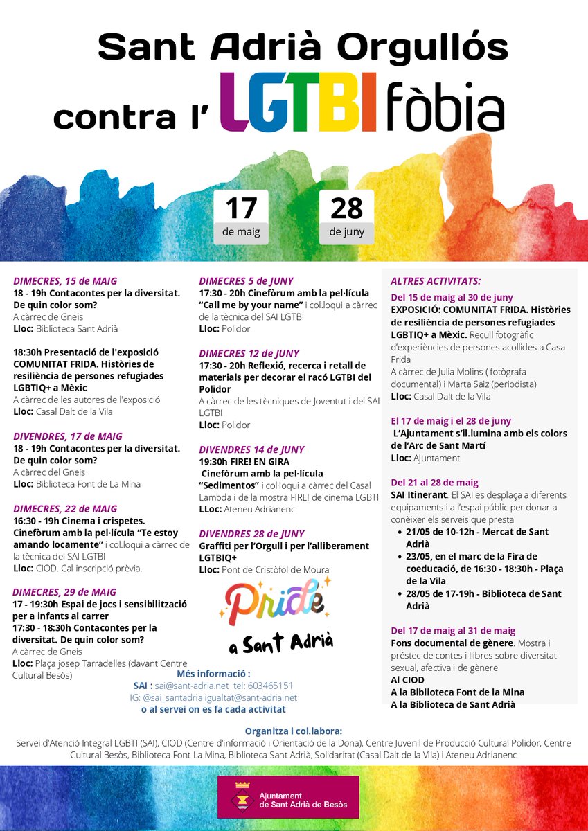 🏳️‍🌈Sant Adrià orgullós contra la LGTBIfòbia No us perdeu les activitats en commemoració del 1⃣7⃣ de maig, Dia Internacional contra la LGTBIfòbia i del 2⃣8⃣ de juny, Dia Internacional de l’Orgull i per l’Alliberament LGTBIQ+ ℹ️ cutt.ly/2eeflEnO #igualtat #orgull #SAB