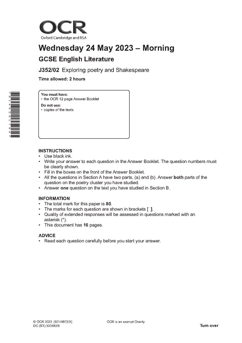 2023 OCR GCSE ENGLISH LANGUAGE PAPER 2 QUESTION PAPER (J352/02: Exploring poetry and Shakespeare). 
hackedexams.com/item/14941/202… 
#2023ocrgcse #ocrgcseenglishlanguagepaper2 #englishlanguage #2023english #J352/02 #hackedexams