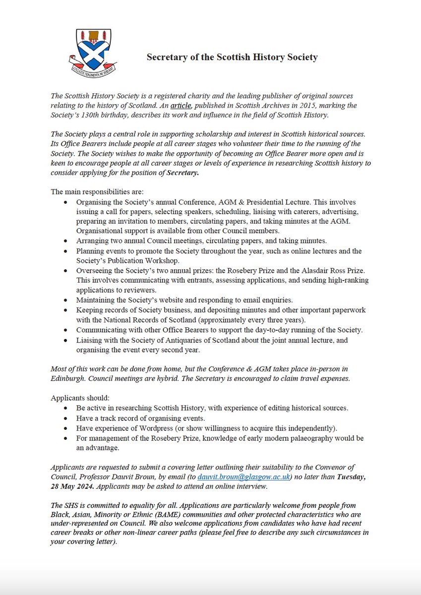 Along with leaving academia, I am sadly also stepping down as Secretary of <a href="/ScottishHistSoc/">Scottish History Society</a> , so we are advertising for a new person to fill the role (deadline 28 May). Please do consider applying to carry on the work of this wonderful society, and reach out with any questions!