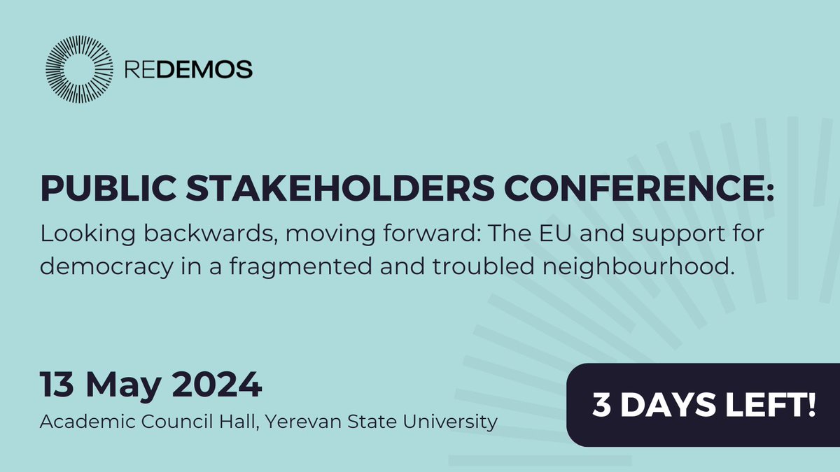 📢 On 13 May 2024, #REDEMOS_eu will hold an important stakeholders conference at @YSU_official, where we reflect on #EUdemocracy support in its eastern neighbourhood while sharing expert views on #Armenia’s democratic transition, authoritarian threats, and regional risks. If…