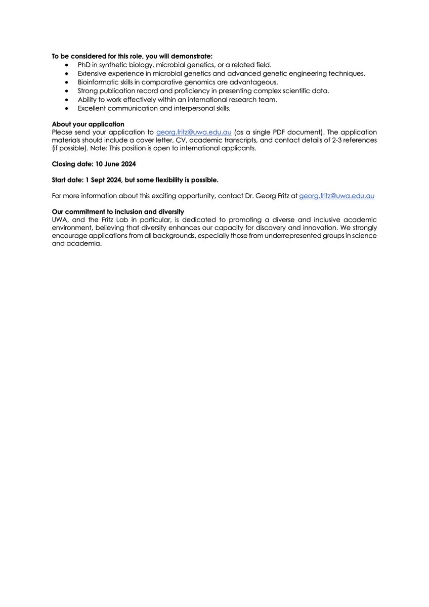 Georg Fritz (@fritz_lab) on Twitter photo 🔥Exciting Postdoc opportunities at <a href="/UWAresearch/">UWA Research</a>! Join our Synthetic Microbiology Lab to tackle global plastic pollution or dive into the secrets of ultra-rapid microbial growth with marine bacteria. 🦠🧬🌊
📅 Apply by June 10!
Opportunity 1/2: 🔥Exciting Postdoc opportunities at <a href="/UWAresearch/">UWA Research</a>! Join our Synthetic Microbiology Lab to tackle global plastic pollution or dive into the secrets of ultra-rapid microbial growth with marine bacteria. 🦠🧬🌊
📅 Apply by June 10!
Opportunity 1/2: