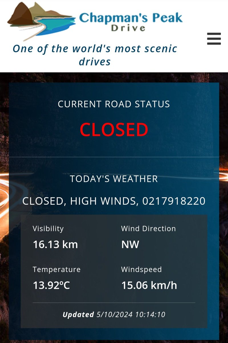 🚧CLOSED🚧
Due to high winds.

Follow us or check our website for updates.

chapmanspeakdrive.co.za 

#chapmanspeakdrive #chapmanspeak #chappies #DiscoverHoutBay #houtbay #IAMCAPETOWN #capetown #lovecapetown #southafrica #shotleft #discoverctwc #TravelMassiveCT #TravelChatSA