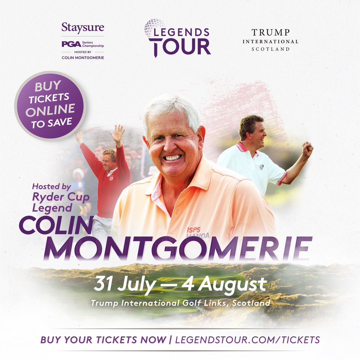 Straight after @Carnoustiegolf we head to @TrumpScotland for the Staysure PGA Seniors Championship hosted by @Montgomeriefdn - get your tickets NOW ow.ly/e6Sx50RARXR #SPGASC #euLegendsTour @staysure @thePGA